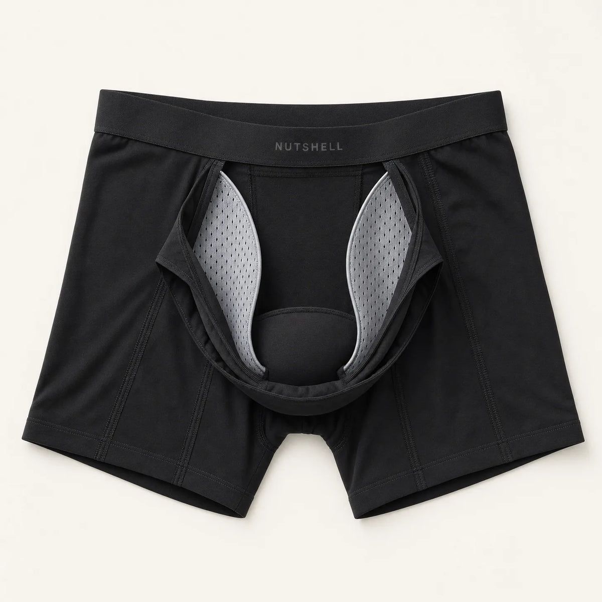 De binnenkant van de NUTSHELL boxershort: twee zijgeleiders van mesh